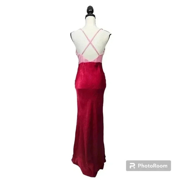 Lulus Exquisite Evening Pink Red Color Block Satin Maxi Dress Valentine's Day - Picture 3 of 14